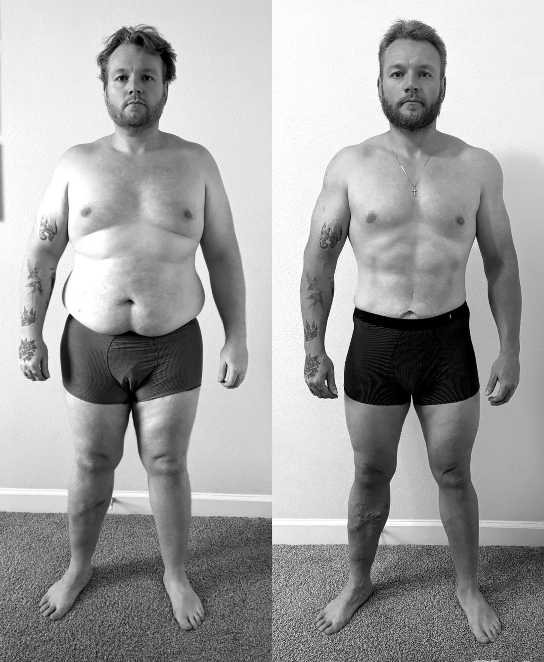 Before and after front-facing body transformation of a personal training client in Jacksonville, FL
