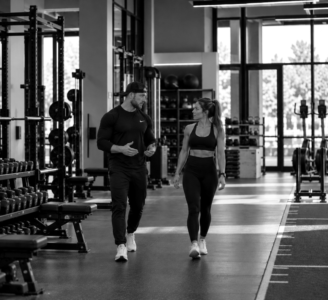 Personal trainer walking and talking with a client through the gym in Jacksonville, FL